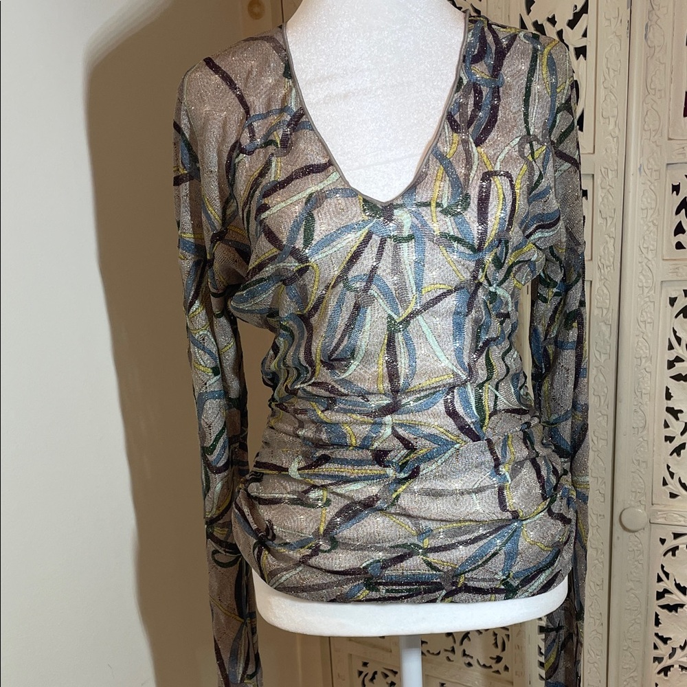 Missoni Multi-Color Sheer Metallic V-Neck Long Sleeve Top rushing on the sides
